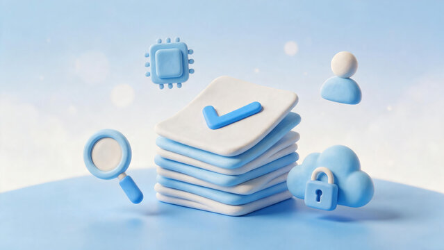 Soft clay style data security and cloud document verification concept with checkmark stack microchip user icon magnifying glass and secure cloud lock