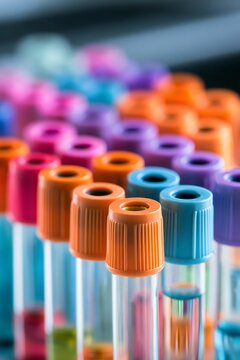 Medical test tubes storing liquid samples for laboratory analysis