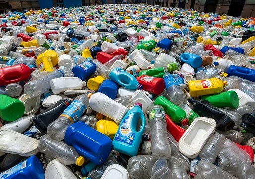 Vast pile of discarded plastic bottles and containers highlighting waste and recycling efforts.