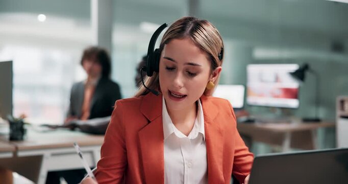Woman, consultant and laptop with headset in office for online advice, communication or help. Female person, business agent or discussion with technology for virtual assistance or customer service