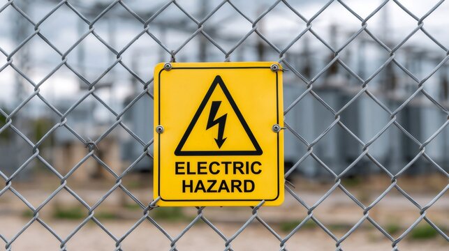 Electric hazard warning sign on chain link fence