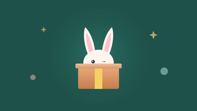 Cute bunny peeking from a gift box in celebration video.