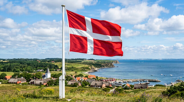 Danish flag waving on a flagpole overlooking a coastal village in denmark