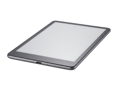 E reader mockup blank tablet screen lying angled on white background for digital reading app presentation, modern electronic book device isolated template for media display and tech branding layout