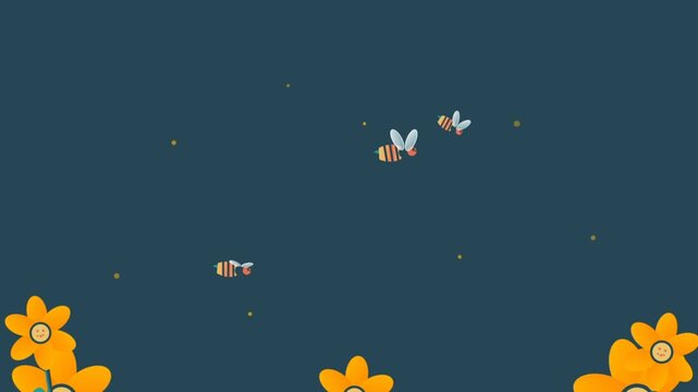 Dynamic Teal Backdrop with Floating Bees and Bright Flowers.