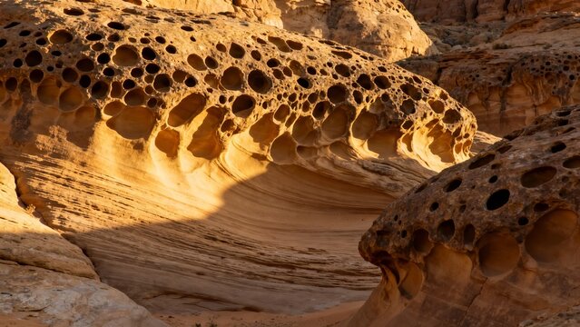 Eroded sandstone formations with honeycomb patterns illuminated by sunlight