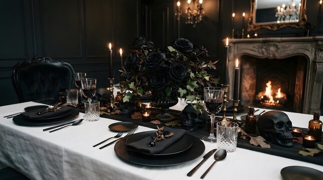 Elegant gothic dining table setting with black roses and skulls