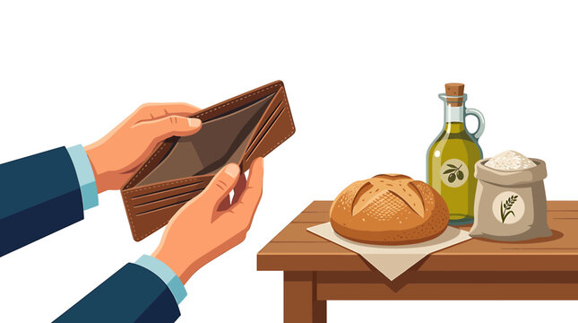 Empty wallet held by hands of businessman, rising food prices and inflation concept, expensive groceries on wooden table, financial crisis vector