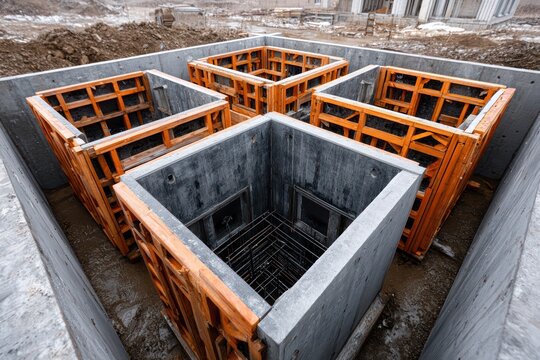 Steel rebar framework installed in concrete foundation pit