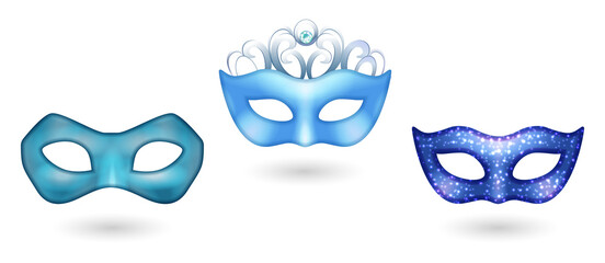 Three blue masquerade masks for party decorations transparent background © Mahmuda