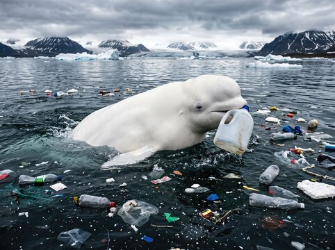 White beluga whale dangerously holding an empty plastic jug in its mouth
