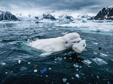 White beluga whale dangerously holding an empty plastic jug in its mouth