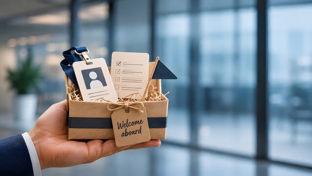 Employee onboarding welcome kit in cardboard box containing identification badge and orientation checklist for new human resources hire