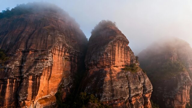 Majestic sandstone cliffs bathed in golden light with mist rising around rugged peaks