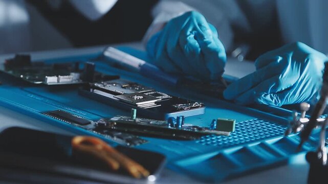Closeup of a gloved hand installing a microchip on a blue motherboard. Perfect for concepts of AI development, hardware engineering, and IT infrastructure assembly in a digital world.