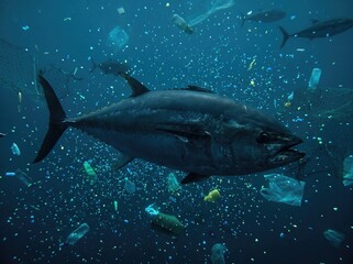 Naklejka premium Bluefin tuna swimming rapidly through ocean saturated with toxic microplastics