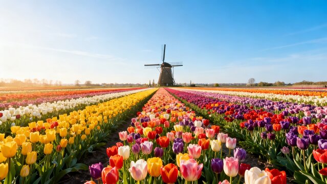 Colorful tulip fields stretching toward a traditional windmill under a clear blue sky