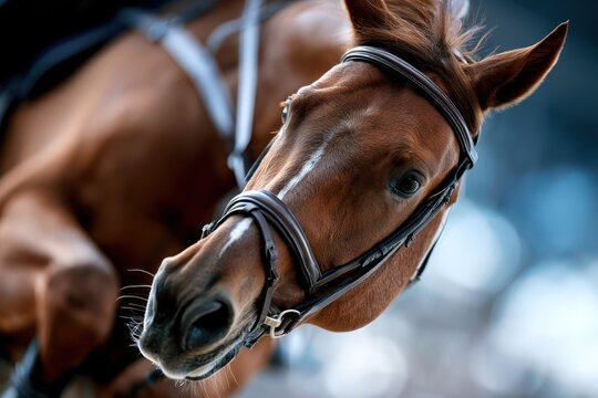 Powerful horse jumping obstacle in sports
