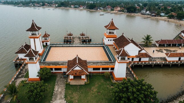 Aerial view of Tanjung Balai Karimun coastal area in Indonesia. Traditional architecture complex with white walls orange roofs located on water pier. Ocean bay landscape near sandy beach with houses