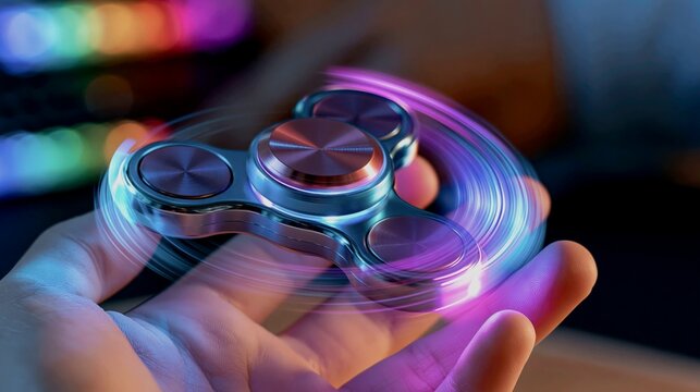 Metallic Fidget Spinner Spinning Glowing with LED Lights at Night