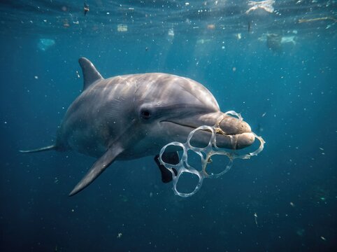 Bottlenose dolphin with snout stuck in plastic rings underwater