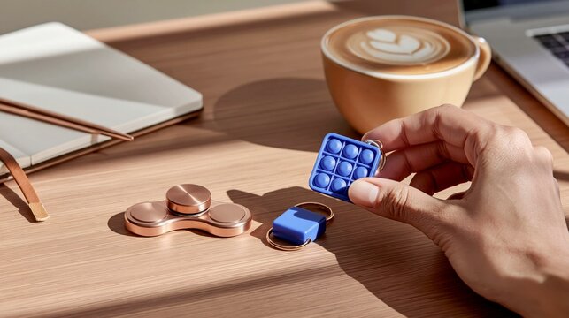 Desk Zen: Fidget Spinner and Pop-It on Office Table with Coffee