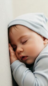 Cute infant boy sleeping peacefully wearing light blue hat and clothes resting his head on hand for newborn concepts