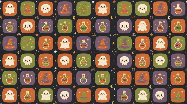 Seamless halloween pattern with cute ghosts, skulls, potions, and witch hats