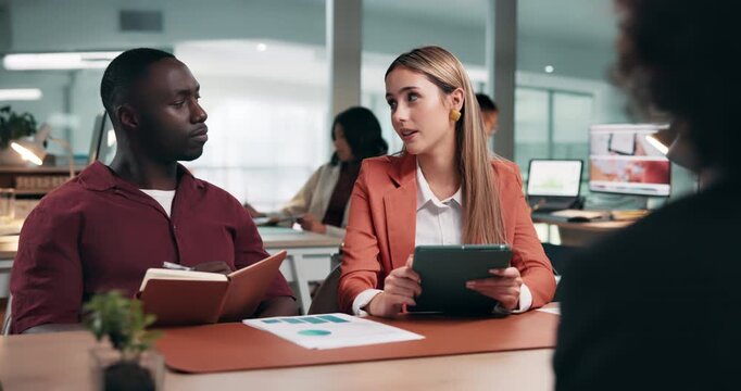 HR, talking and business people with tablet, job interview or listening to qualifications in office. Hiring, company and discussion with candidate for career opportunity, meeting and team with tech