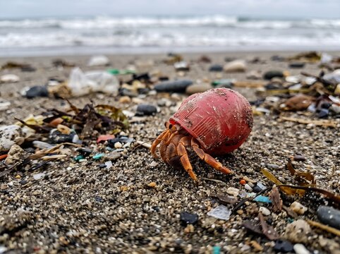 Small hermit crab using a faded red plastic bottle cap as its shell