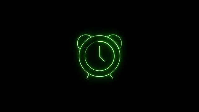 Alarm clock with glowing green neon lines stands against a black background to serve as a digital alert signal for efficient task tracking and setting reminders within modern software user interfaces.