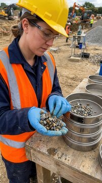 Geologist Conducting Soil Aggregate Analysis at Construction Site with Safety Gear and Sieve Equipment