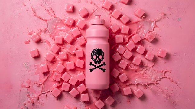 Pink sports water bottle with skull logo surrounded by pink ice cubes