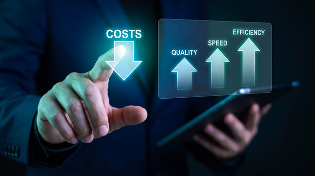 Business strategy concept, businessman touching digital screen to reduce costs and increase quality, speed, and efficiency