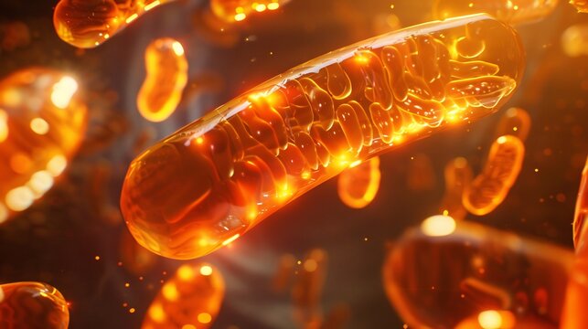 Human colon colonocyte using butyrate dietary fibre fermentation as energy depicted as a warm amber energy glow emanating from the mitochondria cinematic editorial food and cell biology narrative