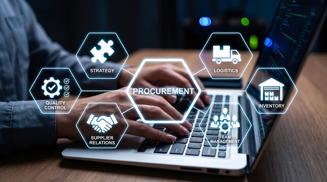 Procurement management concept with business icons on a digital screen, professional working on a laptop in a dark office
