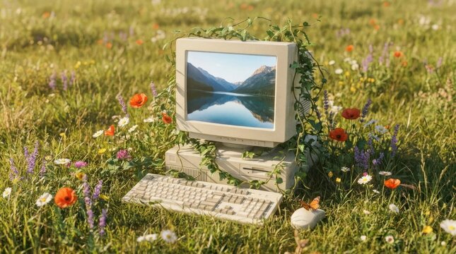 Vintage computer monitor in a wild flower meadow.