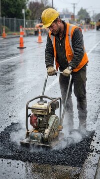 Construction Worker Operating a Plate Compactor on a Wet Asphalt Road Surface