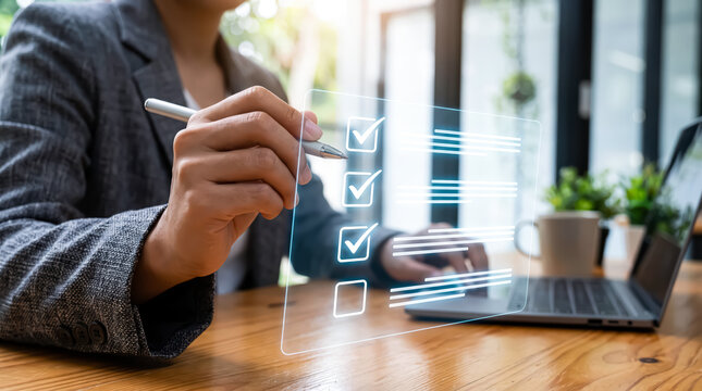 Businesswoman using a pen to check off items on a digital virtual checklist on a holographic screen in a modern office setting