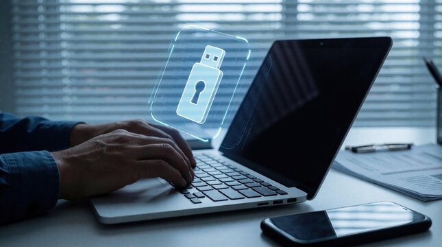 Person types on laptop computer in office. Digital hologram of usb flash drive with lock icon floats above keyboard to show cyber security. Employee works with data protection encryption software.