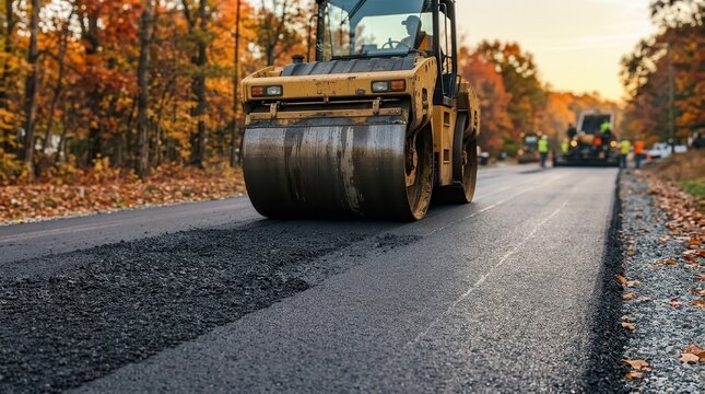 Industrial Road Construction Process Featuring a Heavy Steam Roller Compacting Fresh Asphalt on a Highway Surrounded by Vibrant Autumn Foliage