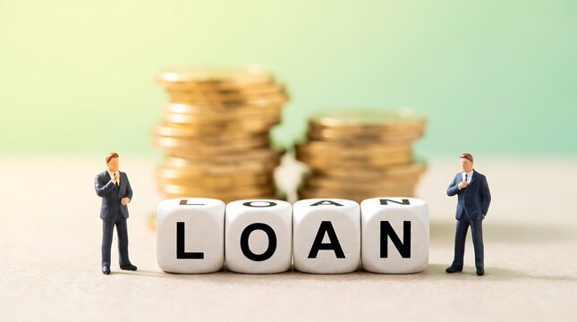 Miniature businessmen standing next to white cubes with the word loan and stacks of gold coins in the background, financial concept