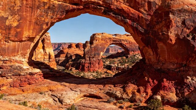 Natural sandstone arch formation in a desert landscape with layered rock formations and clear blue sky