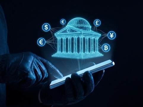 Hacker in black gloves using a smartphone to access digital banking services with a holographic representation of a bank building and various currencies