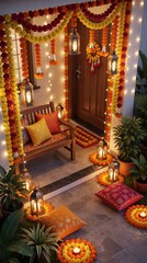 Fototapeta premium Decorated home entrance during Navaratri festival in India. Marigold flower garlands hang on doorway with metal lanterns, electric lights. Wooden bench with colourful cushions sits on porch. House