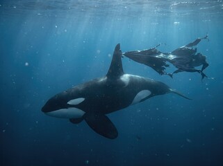 Obraz premium Orca killer whale swimming with a torn plastic tarp caught on fin