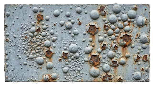 Corroded metal surface with textured bubbles and rust during decay Isolated on transparent background