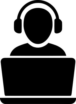 Person with headphones using a laptop computer icon isolated on transparent background