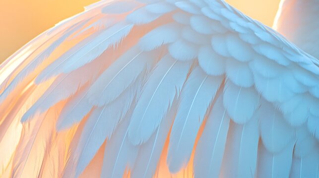 Abstract background with white bird wing feathers in soft sunlight. Close up texture for art design, card and interior wallpaper. Concept of peace, freedom and spirituality.