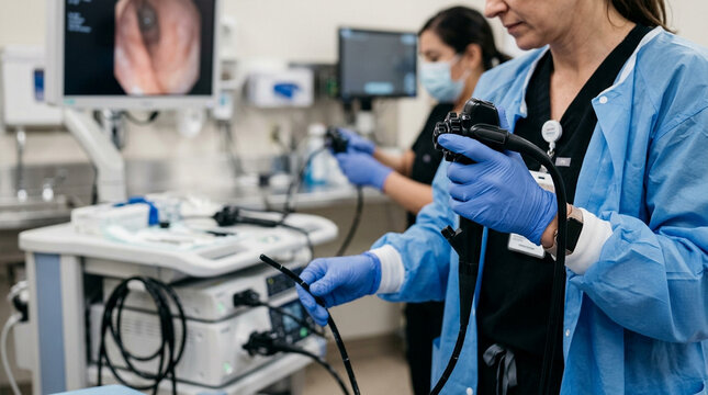 Healthcare professionals performing an endoscopic procedure in a sterile hospital operating room